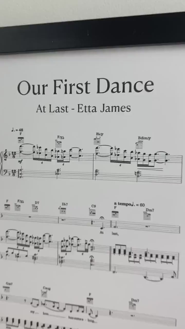First dance song sheet music print on card for 1st paper anniversary